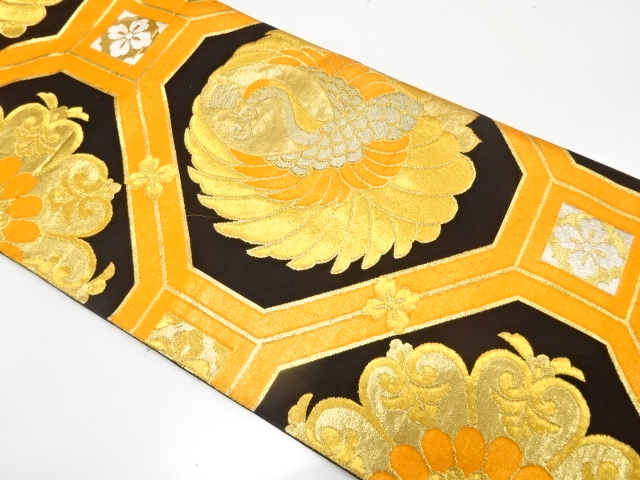 JAPANESE KIMONO / ANTIQUE FUKURO OBI / SILK / WOVEN CRANE & FLORAL CREST